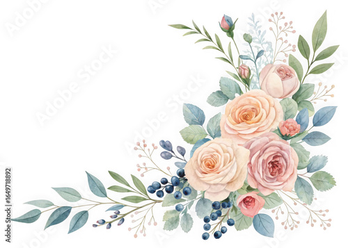Watercolor floral corner with blush roses, eucalyptus leaves, berries for elegant botanical invitations, transparent background
