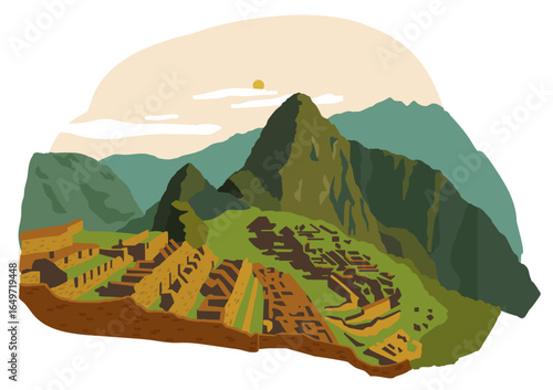 Machu Picchu, Peru. New Seven Wonders of the World. Vector illustration. Travel landmarks. Landscape.