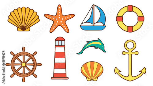 Cheerful Nautical Icons:  Seashells, Starfish, Lighthouse, Ship Wheel, Sailboat, Anchor, Life Preserver, and Dolphin Illustration.