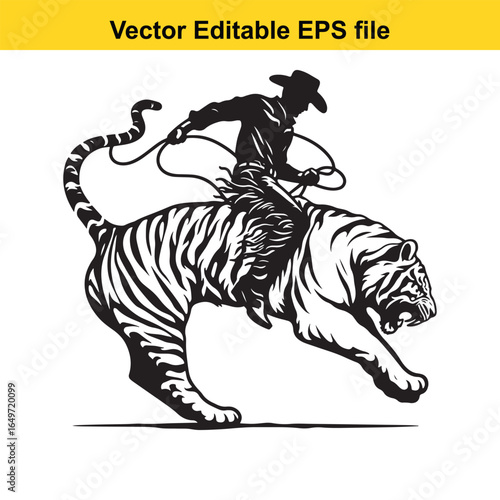 Silhouette cowboy riding a tiger with a lasso, isolated on white background