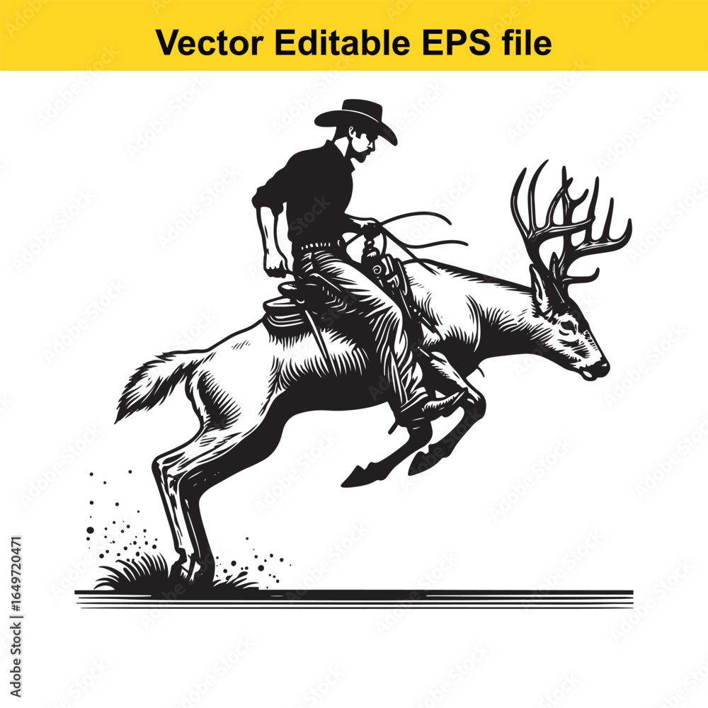 Fototapeta premium Cowboy riding a bucking deer, isolated on white background