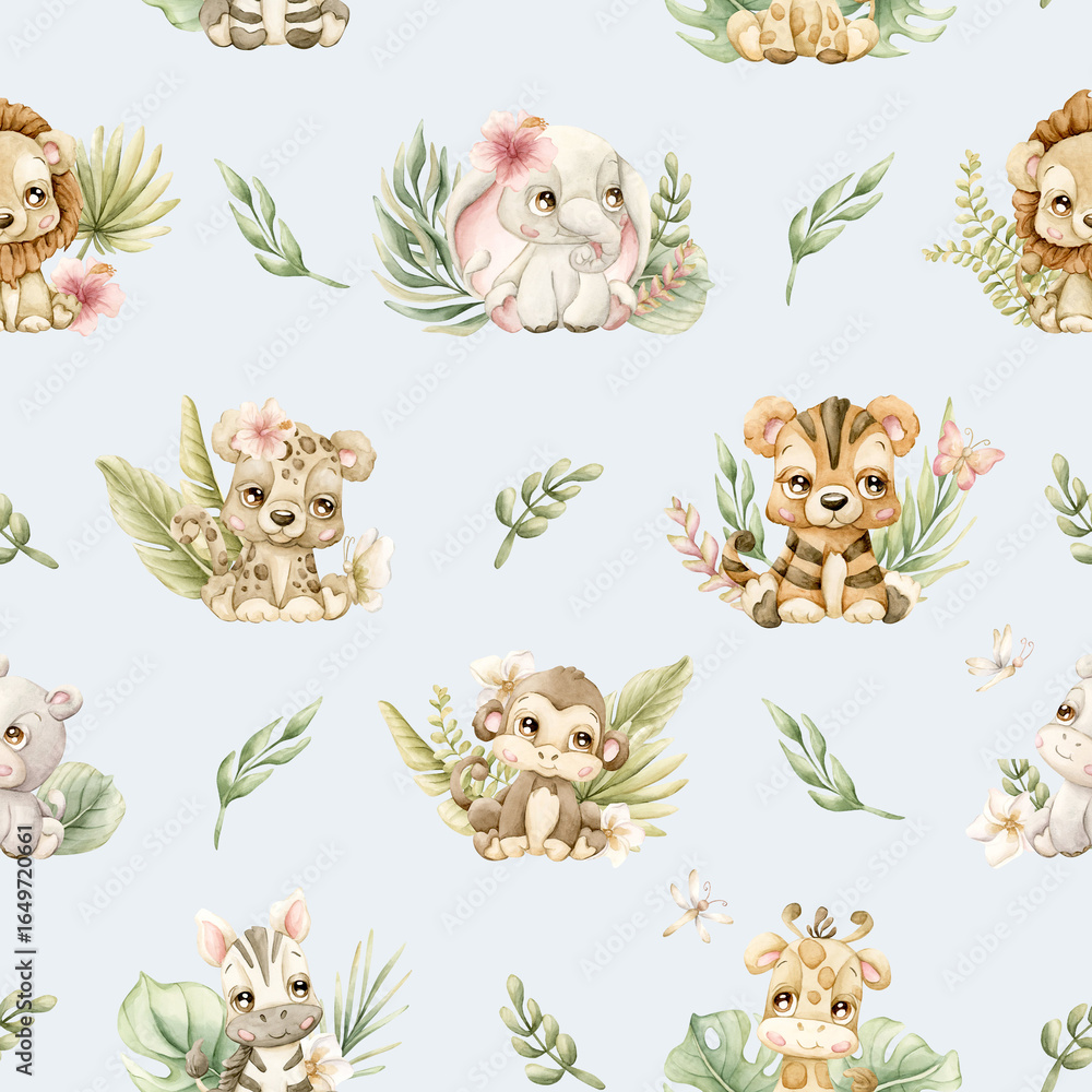 Obraz premium Cute Tropical Animals Exotic Leaves Watercolor hand painted summer pastel neutral seamless pattern on blue background