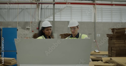 Industrial concept of 4k Resolution. Workers operate a cardboard cutter in a factory.