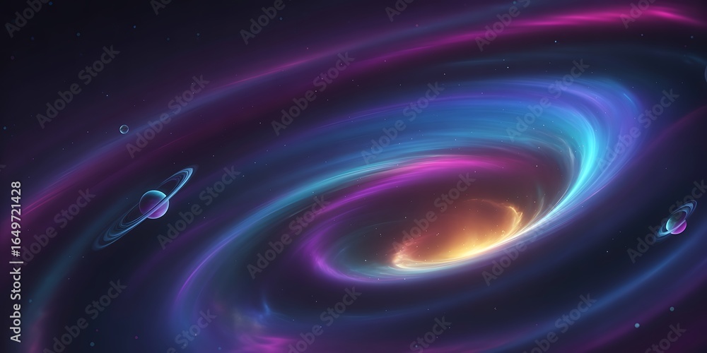 Obraz premium Cosmic Vortex of Colorful Light and Distant Planets a Stunning Space Scene Showcasing the Beauty and Mystery of the Universe