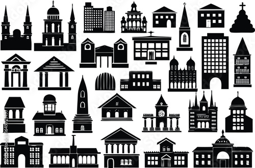 Collection of diverse architectural building silhouettes in black and white