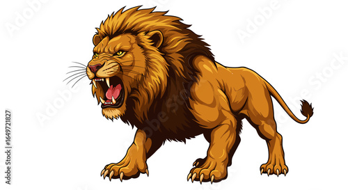 Illustration of a ferocious roaring lion in a bold cartoon style, featuring sharp teeth, muscular body