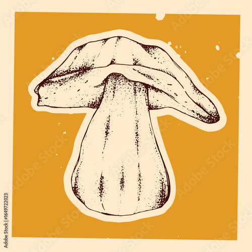 Vintage mushroom on yellow aged background vector illustration. Monochrome illustration of edible mushroom in outline style. Autumn forest harvest. Porcini mushroom