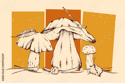 Vintage autumn card with mushrooms, fallen leaves and pine needles vector illustration. Autumn clipart in monochrome color. Autumn forest harvest in outline style