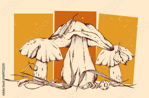 Vintage autumn card with mushrooms in grass, fallen leaves and pine needles vector illustration. Autumn clipart in monochrome color. Autumn forest harvest in outline style