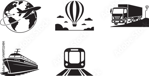 Global Transportation Network Airplane, Hot Air Balloon, Truck, Ship, and Train Icons on Transparent