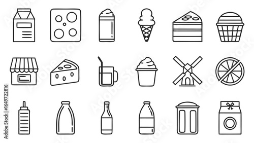 Hand-drawn line art icons: dairy, bakery, sweets, and beverages; minimalist style; cheerful mood.