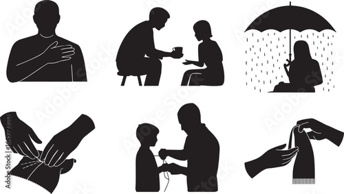 Humanitarian Aid Icons Set Depicting Comfort, Assistance, Care, and Support