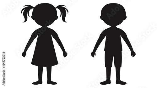 Simple Black Silhouettes of Girl and Boy, Child Icons, Minimalist Design, Vector Illustration, Flat Style, Neutral Mood.