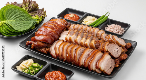 A platter of Korean Jokbal, sliced braised pig's trotters, served with fresh lettuce, perilla leaves, and various dipping sauces.