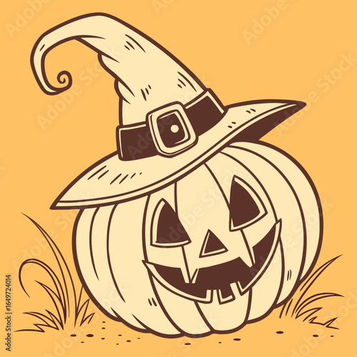 Whimsical hand drawn halloween pumpkin wearing a witch hat grinning with a spooky charm amidst tall grass and scattered leaves