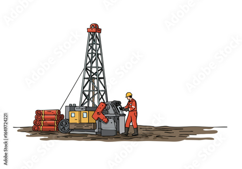 Illustration depicts a drilling rig with a worker, showcasing industry pride. Clean lines and a modern style create a visually appealing and informative graphic.