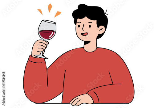 A young man celebrates with a glass of Cabernet Sauvignon, radiating joy. Modern illustration style, vibrant colors, and a celebratory mood. Perfect for marketing and lifestyle content.