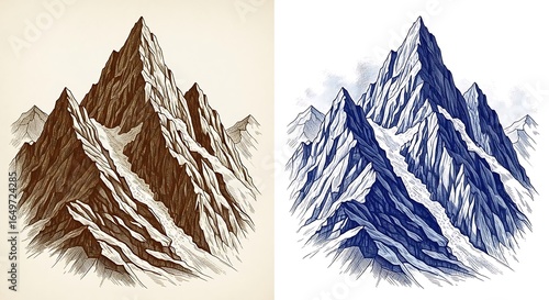Split-screen mountain range illustration in brown and blue ink with snow-capped peaks