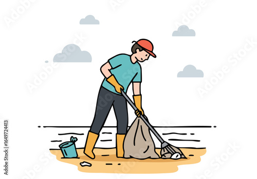 A person cleans the ocean shore with a rake and bag, contributing to an ocean cleanup effort.  A clean, bright, and hopeful scene.
