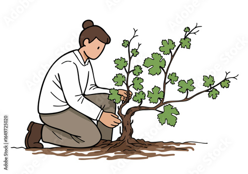 A woman tends a growing vine, symbolizing future growth and care.  Detailed illustration, vibrant green, focused composition. Suitable for business, agriculture, and growth themes.