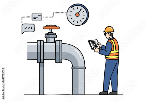 worker inspects a pipeline with a checklist ensuring safety Modern illustration style highlighting maintenance and operational procedures Clear professional and visually appealing