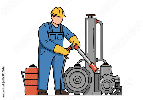 worker operates refinery equipment showcasing process skills Clear detailed illustration with a focus on industrial machinery and a safety-conscious worker Modern graphic style