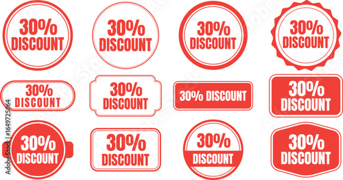 Red 30 percent discount sticker vector set for sale, promotion, special offer, and marketing design use