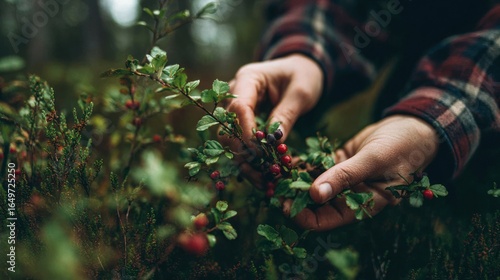 Hands picking berries in forest