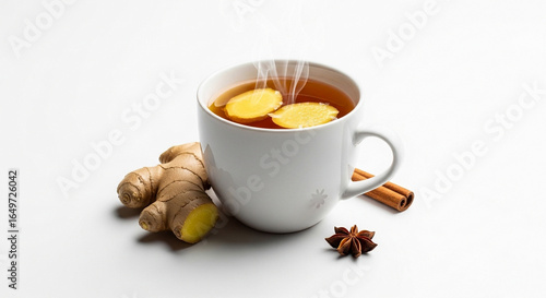 A white cup of hot steaming ginger tea with fresh ginger slices, root, cinnamon sticks, and star anise on a white background.