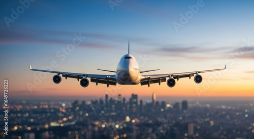 Boeing 747 Ascending Over City Lights at Dusk, Front View, Aviation