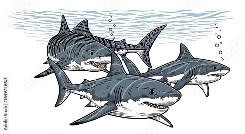Trio of Sharks Underwater, Detailed Line Art Illustration