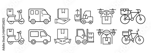 Vector icon set with delivery and logistics methods: courier bicycle, scooter, delivery car, hand holding a parcel, forklift carrying boxes, drone. Perfect for e-commerce, shipping, courier services.