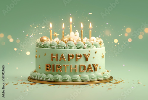 A beautiful birthday cake with the words HAPPY BIRTHDAY written in golden letters on top, adorned with candles and sprinkles of multicolored dots, cake, 