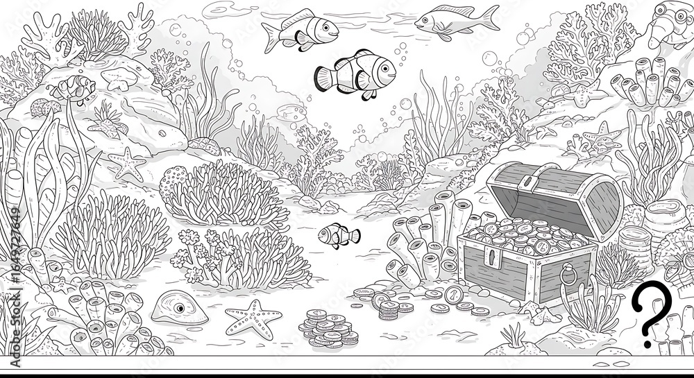 Obraz premium Underwater Coloring Page with Coral Reef and Treasure Chest