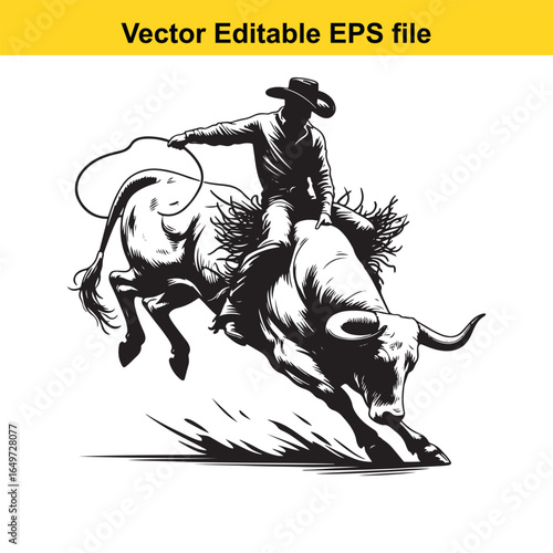 Silhouette cowboy riding a bucking bull, isolated on white background