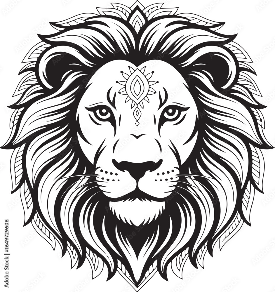 Obraz premium Detailed Black And White Lion Head With Ornate Mane And Forehead Jewel vector illustration