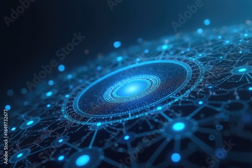 Complex digital network design with glowing blue elements.