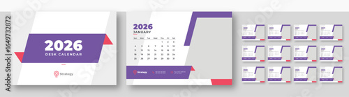 Desk calendar 2026 template | corporate desk calendar schedule 2026 monthly 12-page planner layout | week starts on Sunday