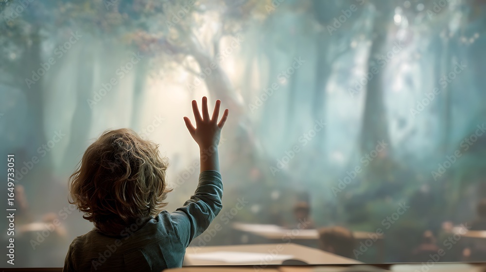 A child reaching out from a dream-like forest into a clear modern classroom, blurred fantasy background blending into crisp reality, metaphor for aspiration and progress, 
