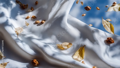 White fabric billows, autumnal leaves & seeds
