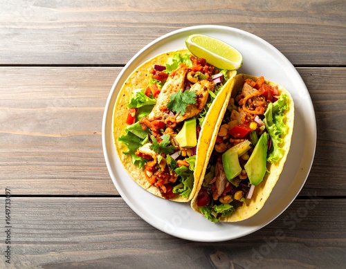 A vibrant top-down view of two delicious chicken tacos with fresh avocado and lime on a white plate set against a wooden background