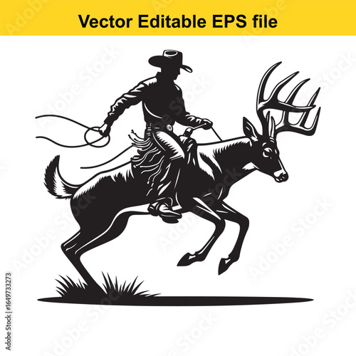 Cowboy riding a bucking deer, isolated on white background