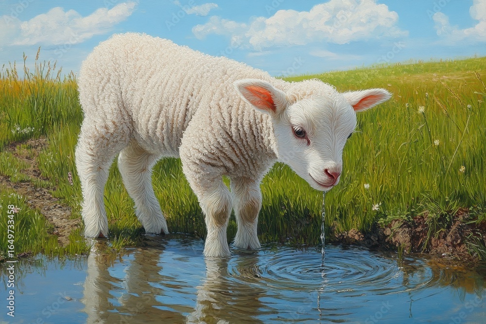 Adorable fluffy lamb drinks from a shallow stream on a sunny day Adorable fluffy lamb drinks from a shallow stream on a sunny day