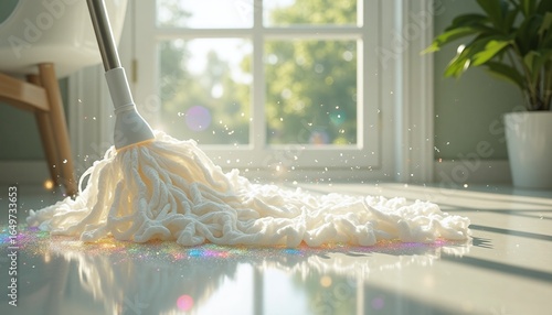 A white mop washes the floor with the purest water, splashes of which scatter in all directions, leaving a rainbow glow and freshness. Indeed, every day cleaning and scrubbing the floor can be magical