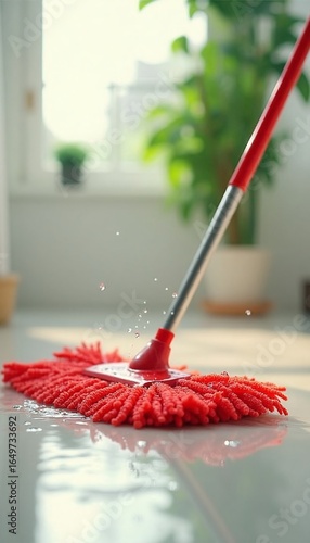 A bright red mop washes the floor in a clean, bright room. Concept of simplicity, cleanliness and freshness