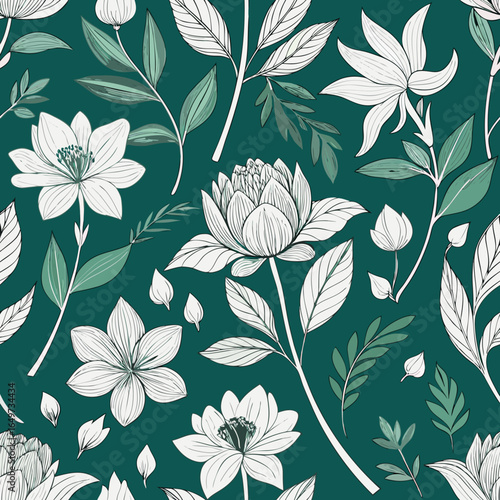Elegant white floral pattern with delicate leaves on a deep teal background