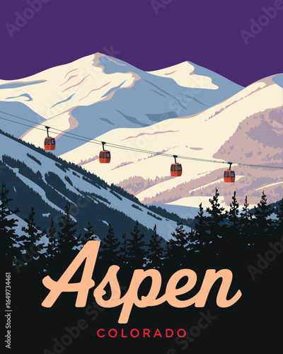 Travel Poster for Aspen Ski Resort in Colorado, USA Featuring Snow‑blanketed Mountains, Vintage Illustration with Classic Typography, Evoking Nostalgic Winter Adventure and Alpine Elegance.