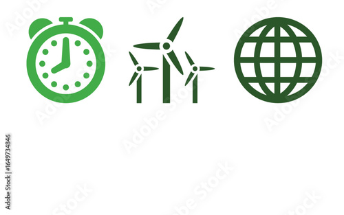 Vector art of group of green icons depicting an alarm clock, wind turbines, and a globe, representing time, energy, and the world, isolated on a white background