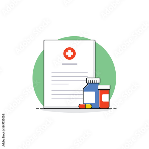 Prescription with Medicine Bottles and Tablet Vector Illustration. Medical Concept Design