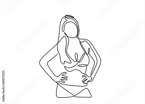 Continuous line art or one line drawing of a girl on the beach. Summer holiday happiness of carefree joyful woman, Summer postcard girl in a swimsuit.Hand drawn one line vector. Editable stroke	

